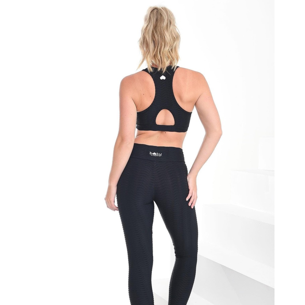 Booty by Brabants Black Textured Bom Bom Cropped Sports Bra and Leggings Set S/M